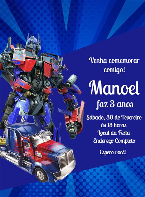 Convite aniversário Transformers Edite grátis nosso editor online