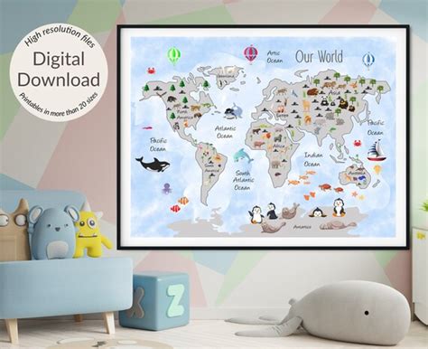 Printable World Map Kids World Map nursery Prints Beige - Etsy