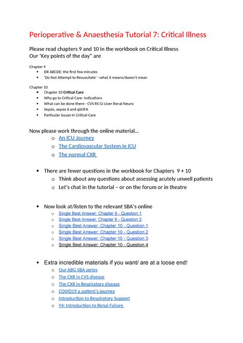 Perioperative Anaesthesia Tutorial 7 Critical Care Perioperative And Anaesthesia Tutorial 7