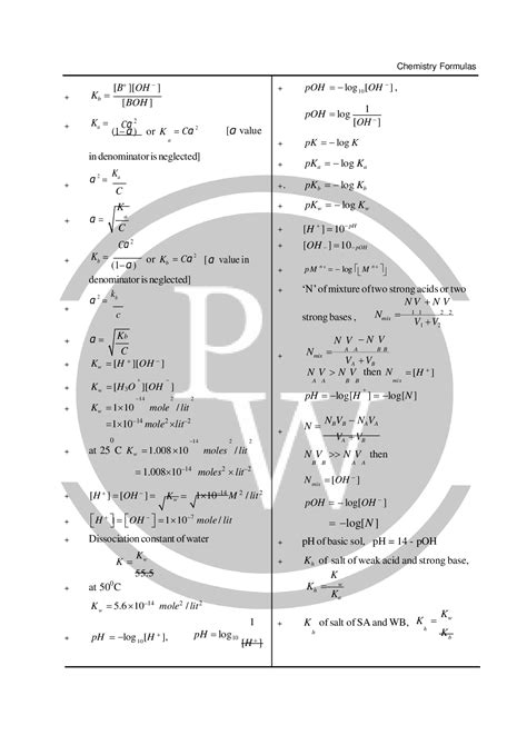 Chemical Equilibrium Formula Sheet