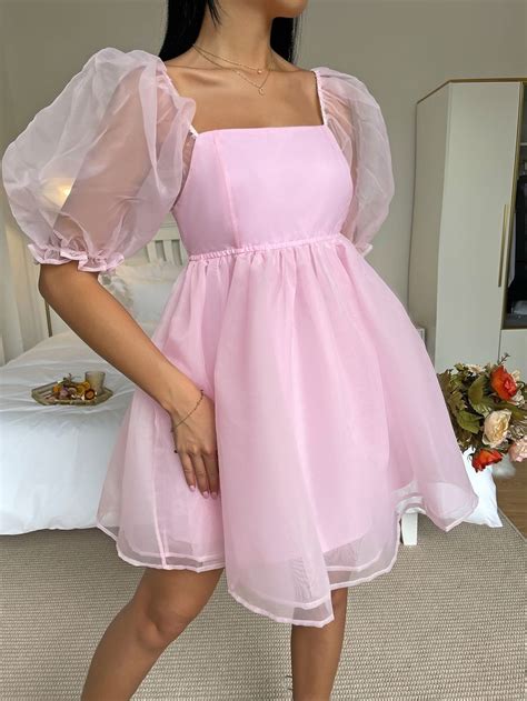 Puff Sleeve Overlay Hem Organza Dress In Pink Dress Outfits