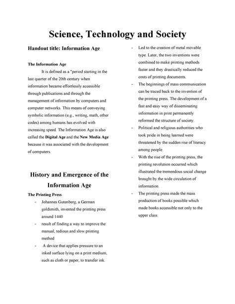 Information Age Sts Lecture Notes Science Technology And