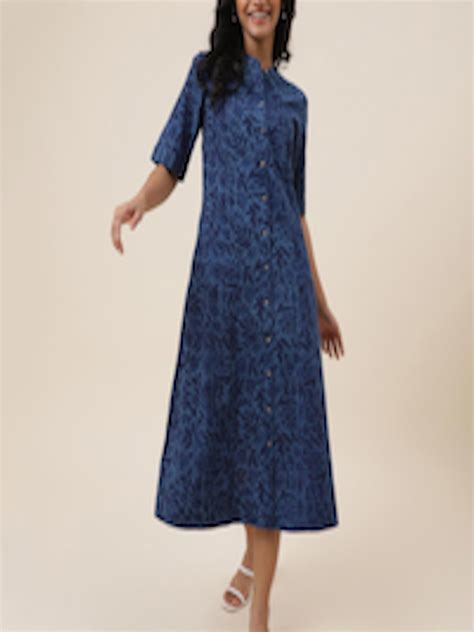 Buy Fabindia Floral Printed Mandarin Collar Pure Cotton A Line Midi