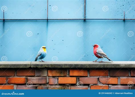 Two Birds Sitting On A Brick Wall Next To A Blue Wall Stock