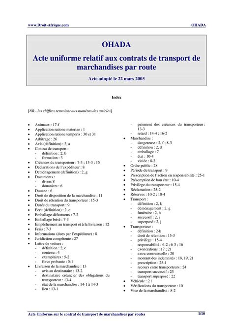 Calam O Acte Uniforme Reletif Au Contrat De Transport