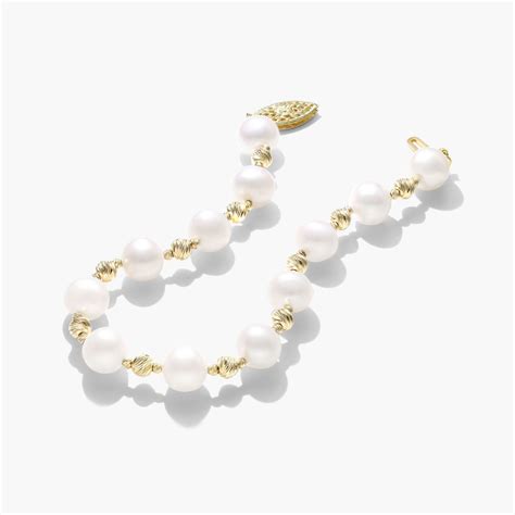 14k Yellow Gold Freshwater Cultured Pearl And Textured Bead Bracelet 7