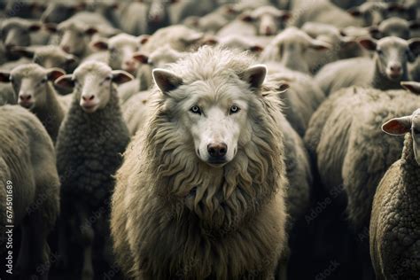 Wolf In Sheep S Clothing In The Herd Of Sheeps Ai Generated