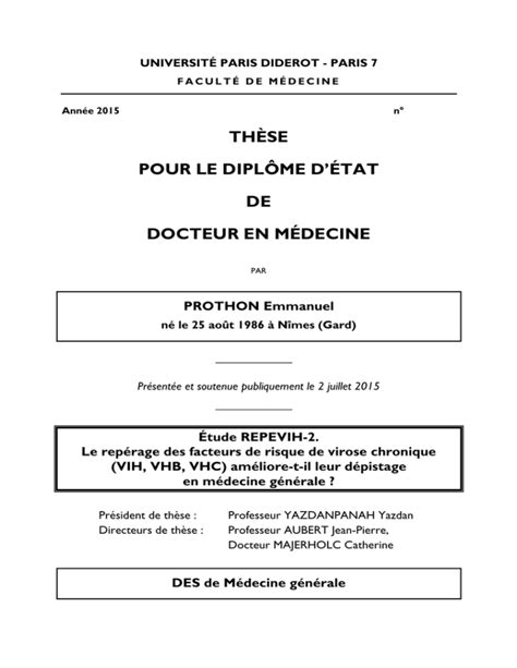 Th Se Pour Le Dipl Me D Tat De Docteur En M Decine