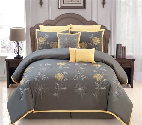 Sunshine Yellow Grey Comforter Set Embroidery Bed In A