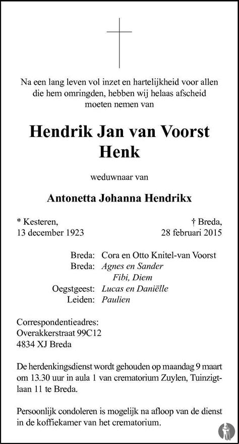 Hendrik Jan Henk Van Voorst 28 02 2015 Overlijdensbericht En