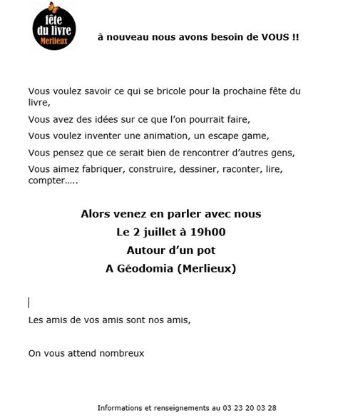 Invitation 1ère réunion bénévoles Fête du Livre Merlieux et