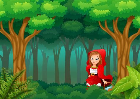 Chica con capucha roja están en el pueblo en el bosque Vector Premium