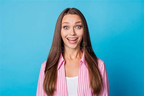 Portrait Of Impressed Brunette Lady Wear Pink Shirt Isolated On Vivid