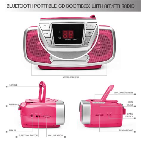 Riptunes Cdb 232bt Amfm Cd Boombox With Bluetooth Pink