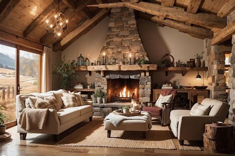 Premium Ai Image Rustic Charm Cozy Countryside Cabin Living Room