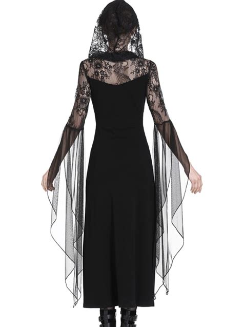 Gothic Black Lace Hooded Sexy Side Slits Long Dress Magic Wardrobes