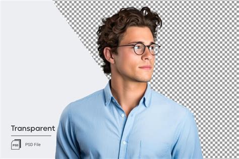 Hombre Joven Pensante Con Gafas En Camisa Azul Fondo Transparente