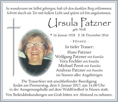 Traueranzeigen Von Ursula Patzner Augsburger Allgemeine Zeitung