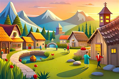 Premium AI Image Cartoon Village Landscape Background For A Seasonal