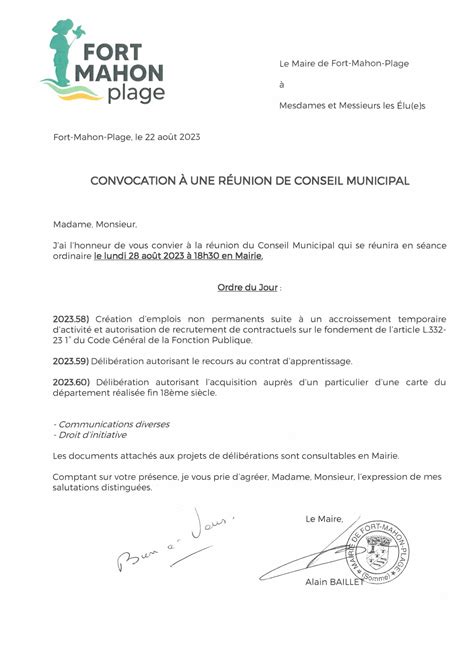 Convocation R Union De Conseil Municipal Du Ao T Fort Mahon Plage