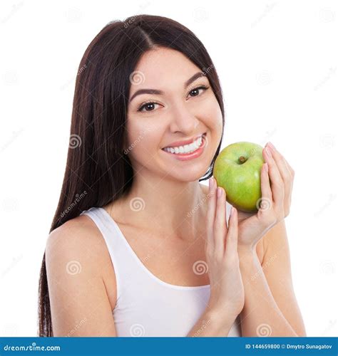 Cute Woman With Beautiful Snow White Smile Holding Green Apple Healthy