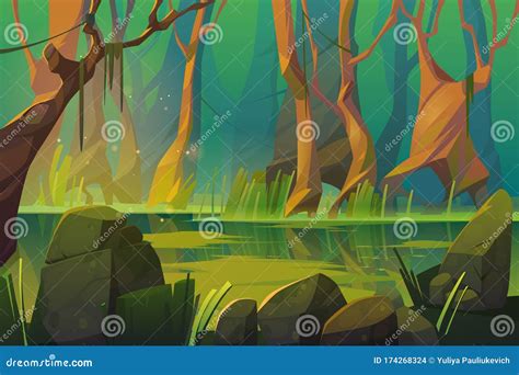 Vector Landscape With Swamp In Tropical Forest Stock Vector