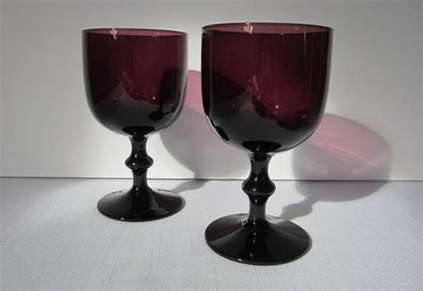 Colony Amethyst Water Goblet Wafer Stem Solid Plum Burgundy Blown Glass Vintage Mcm Modern