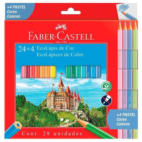 Ecolápis de Cor Sextavado 24 Cores 4 Pastéis Faber Castell Faber