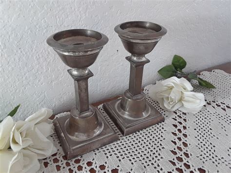 Vintage Pewter Candle Holder Set Two Candlestick Matching Pair Etsy