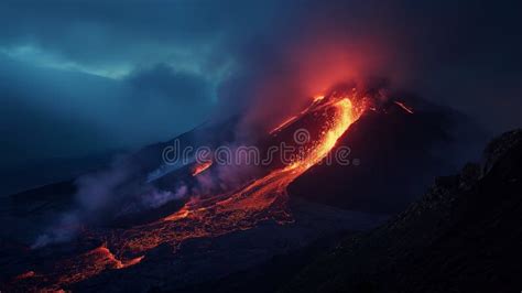 Lava Spurting Out Of Crater And Reddish Illuminated Smoke Cloud Lava