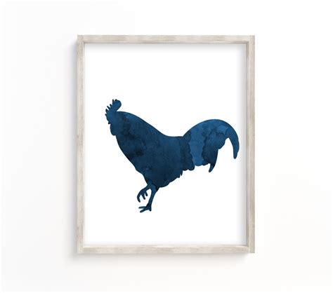 Rooster Wall Art Print, Navy Blue Chicken Artwork - BittenByErmines