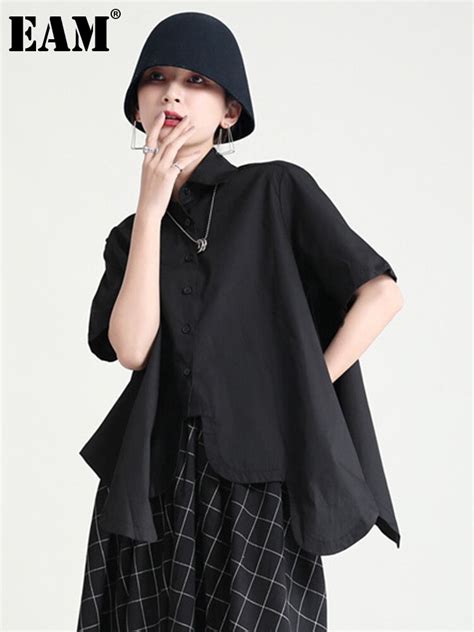 Eam Women Black Casual Irregular Pleated Blouse New Lapel Half Sleeve