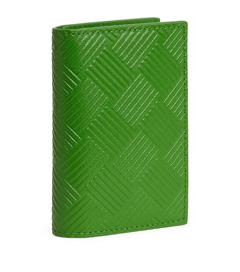 Mens Bottega Veneta Green Leather Debossed Intreccio Bifold Card Holder