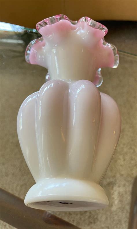 Mid Century Fenton Ruffled Vase Pink And White 6 Tall Etsy Canada Fenton Fenton Glassware