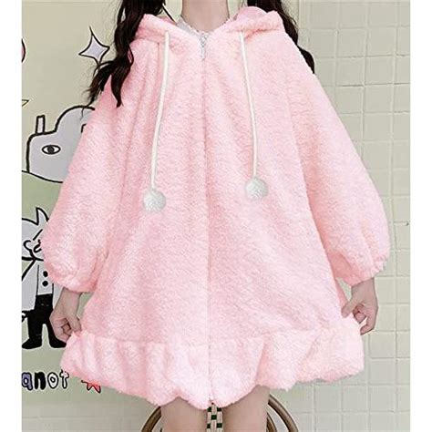 Bzb Kawaii Anime Bunny Ear Hoodies For Women Sweet Lovely Fuzzy Fluffy