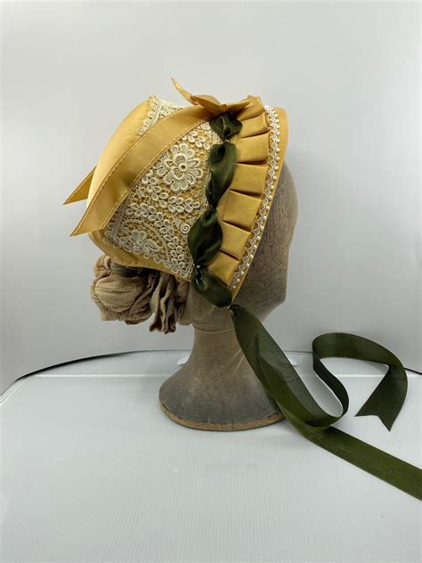 1866 Gold Bonnet With Lace And Green Ribbon Ladies Historic Etsy