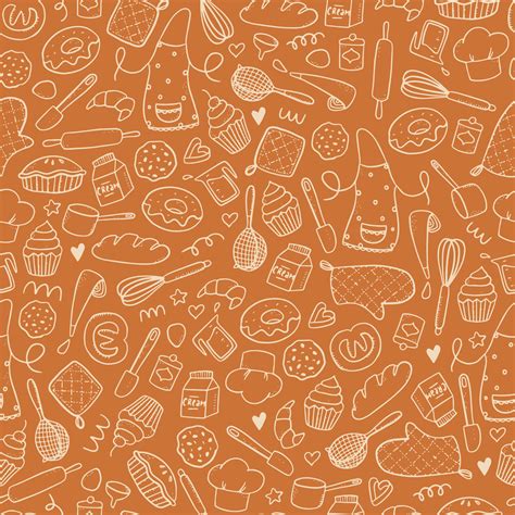 Cute Seamless Pattern With Bakery Hand Drawn Doodles On Caramel