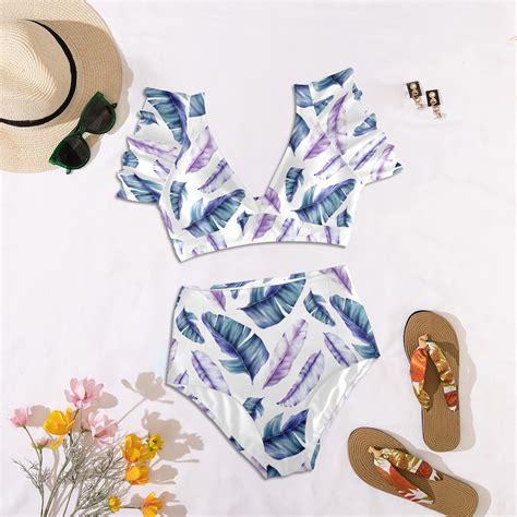 Fall Of Lilac Tropical Leaves Women S Ruffle Sleeve Bikini Swimsuit