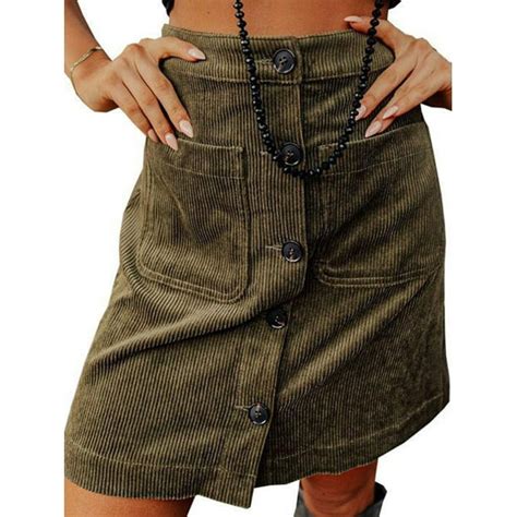 Mawclos Women Single Breasted A Line Corduroy Skirt Holiday High Waist Mini Skirts Army Green S