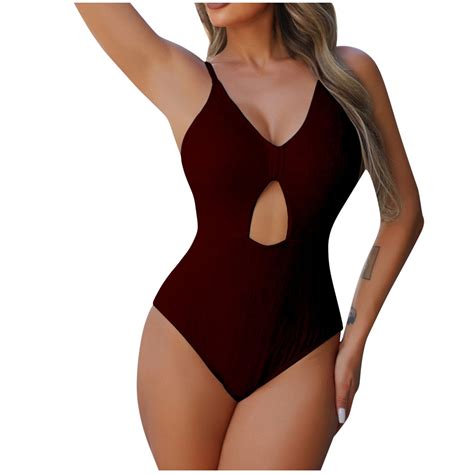 Efsteb Women S Bikini Swimsuits High Waist V Neck Strap Hollow Bathing Suit Slim Swimwear Red