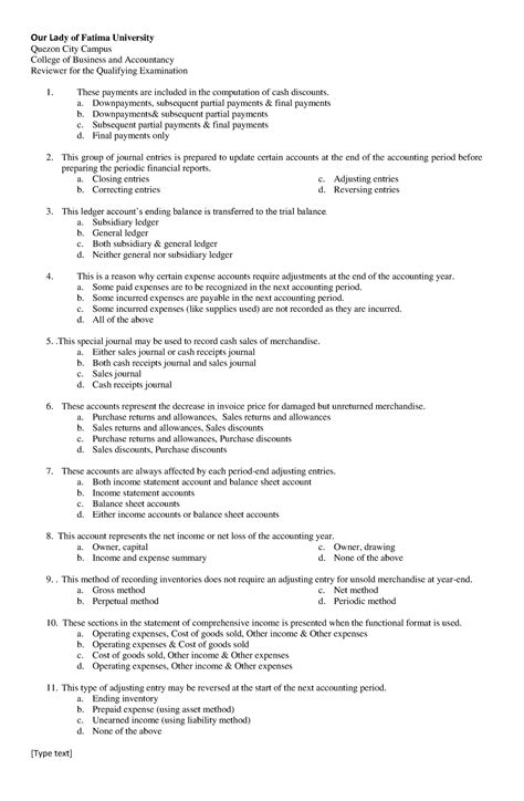 Qualifying Exam Our Lady Of Fatima University Quezon City Campus