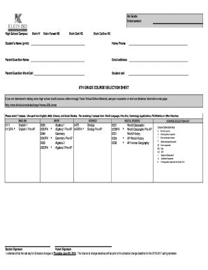 Fillable Online Kleinoak Kleinisd 9TH GRADE COURSE SELECTION SHEET