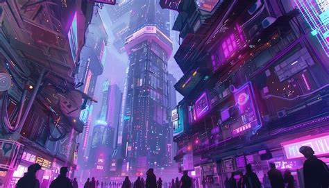 La calle de la ciudad cyberpunk por la noche con luces de neón y