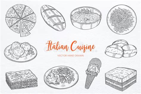 Italy Food Cuisine Set Collection With Hand Drawn Sketch Vector Stock