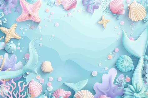 A blue background with a variety of sea creatures including a mermaid ...