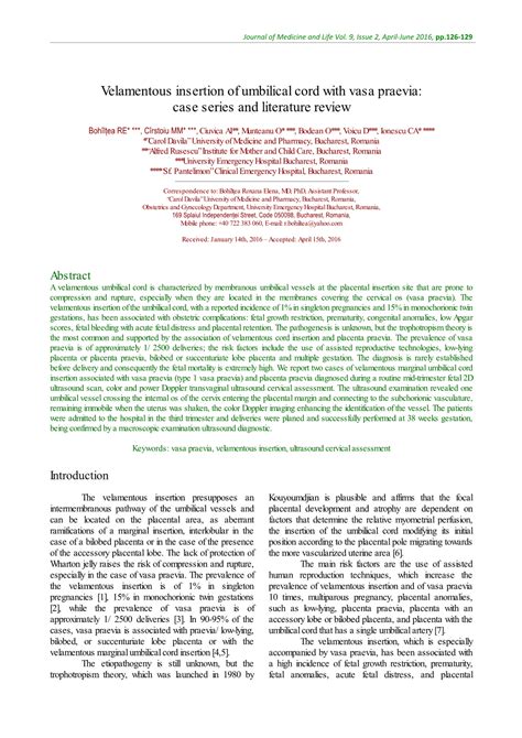 Velamentous Insertion of Umbilical Cord with Vasa Praevia: Case Series and Literature Review ...