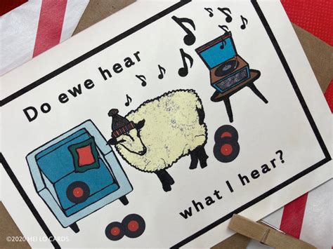 "Do You Hei Lo Cards handmade holiday card featuring sheep listening to records.