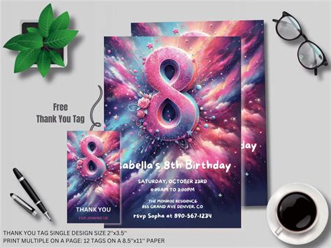 Editable Purple 8th Birthday Invitation Glitter Birthday Party Invite