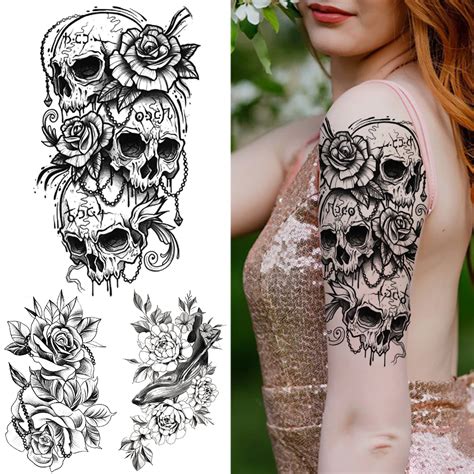 Skull And Roses Half Sleeve Tattoos