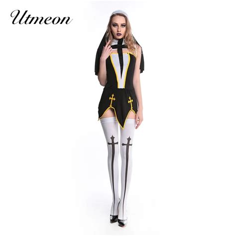 Utmeon Sexy Nun Costume Adult Women Cosplay Dress With Black Hood For